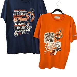 Both NHL Molson Canadian Mens Stanley Cup Champions Tees Blue and Orange Size L